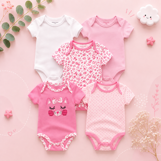 The Zena - 5pcs Unisex Cotton Rompers - Cute Pink Print Set