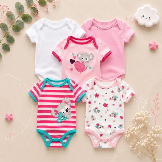 The Zena  - 5pcs Unisex Cotton Rompers - Pink Koala Set