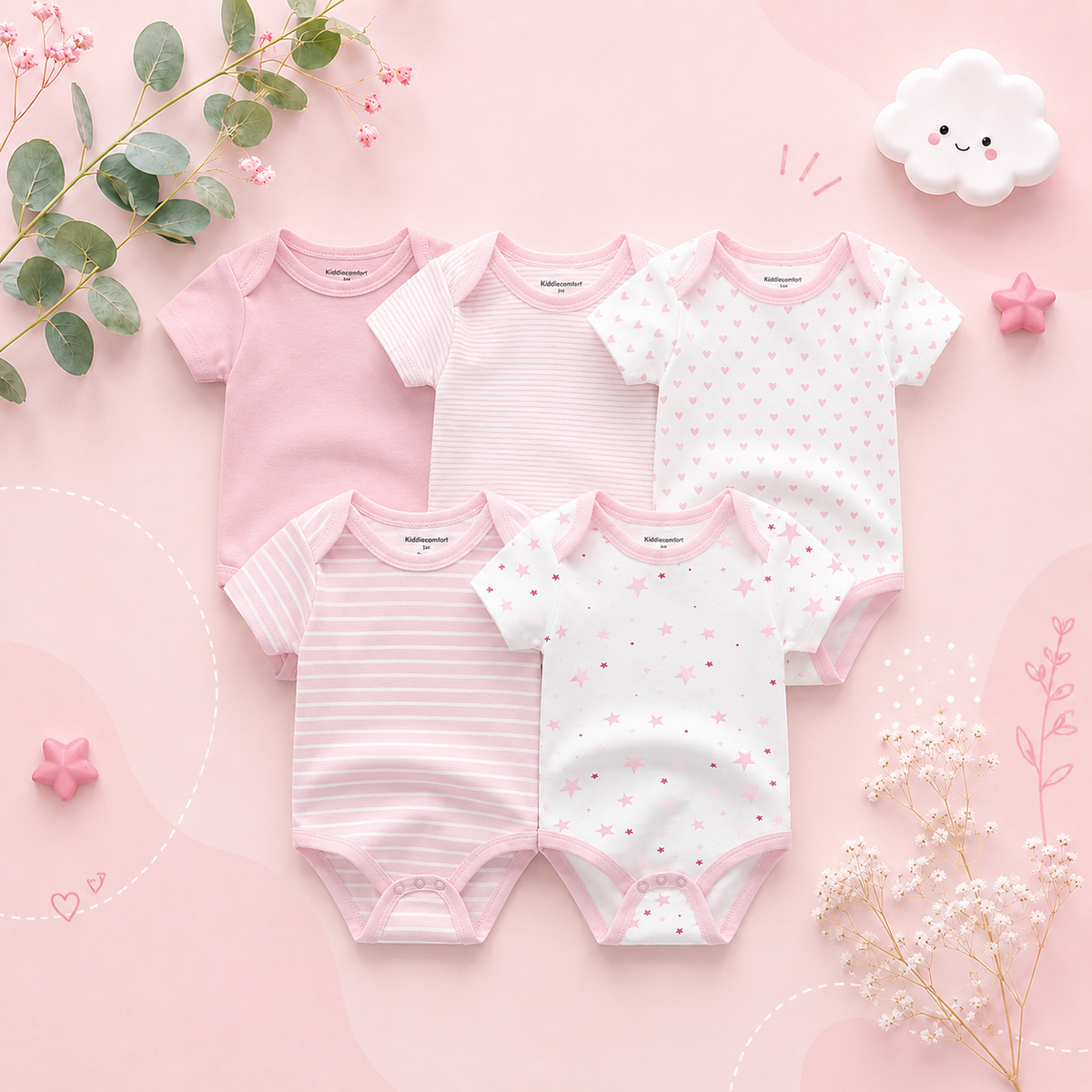 The Zena - 5pcs Unisex Cotton Rompers - Shades of Pink Set