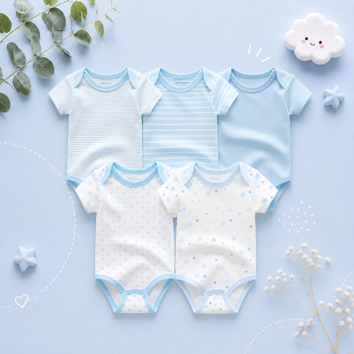 The Zena - 5pcs Unisex Cotton Rompers - Shades of Blue Set