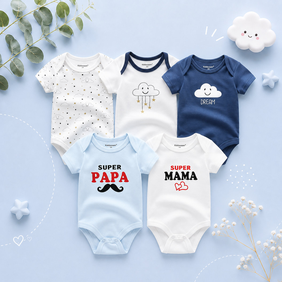 The Zena - 5pcs Unisex Cotton Rompers - Dream Clouds Set
