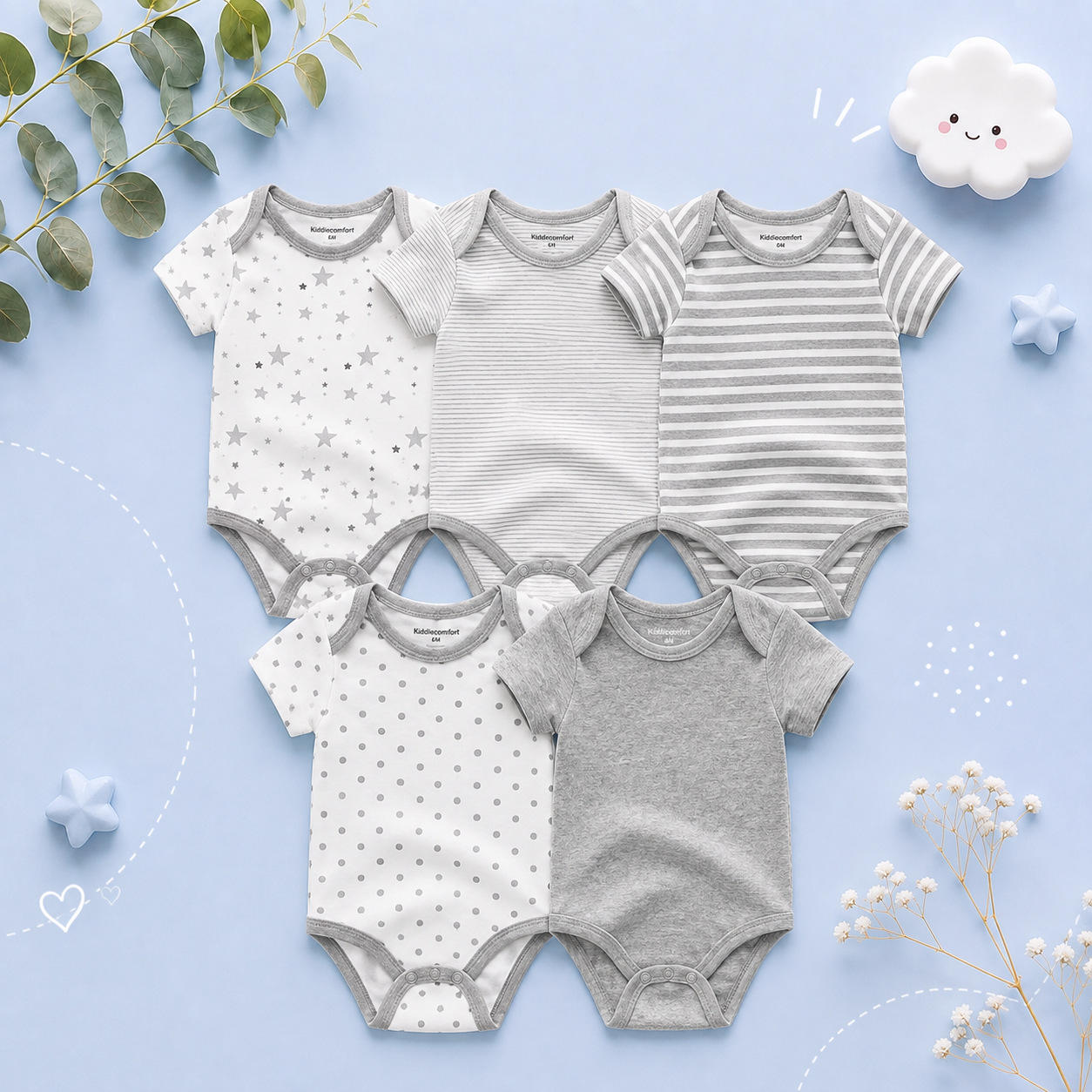 The Zena - 5pcs Unisex Cotton Rompers - Shades of Gray Set