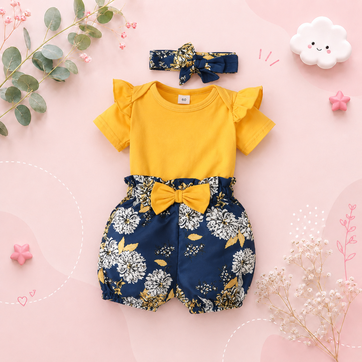 The Leilani - 3pcs Yellow Ruffle Short Sleeve Tops + Floral Shorts + Headband