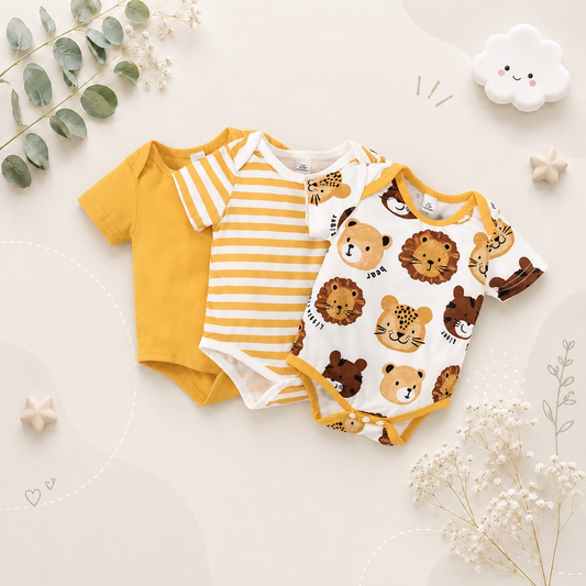 The Benjamin - 3pcs Plain Striped Animal Print Romper Bundle