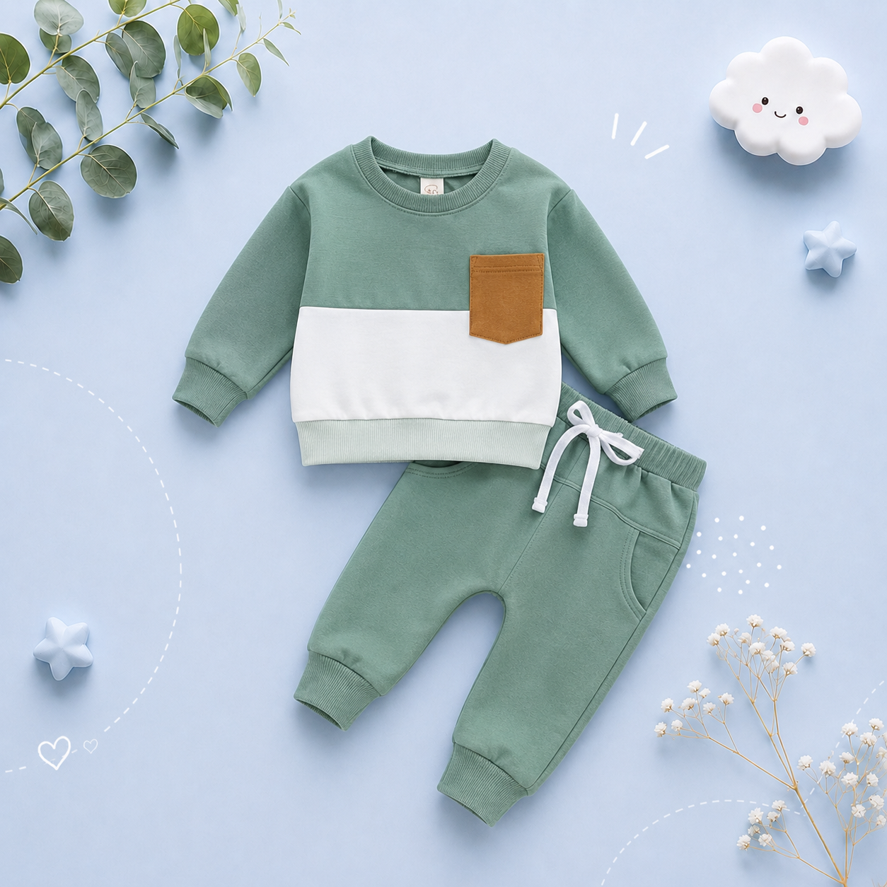 The Felix - 2pcs Baby Boy Long Sleeve Contrast Colour Pullover Tops + Pants