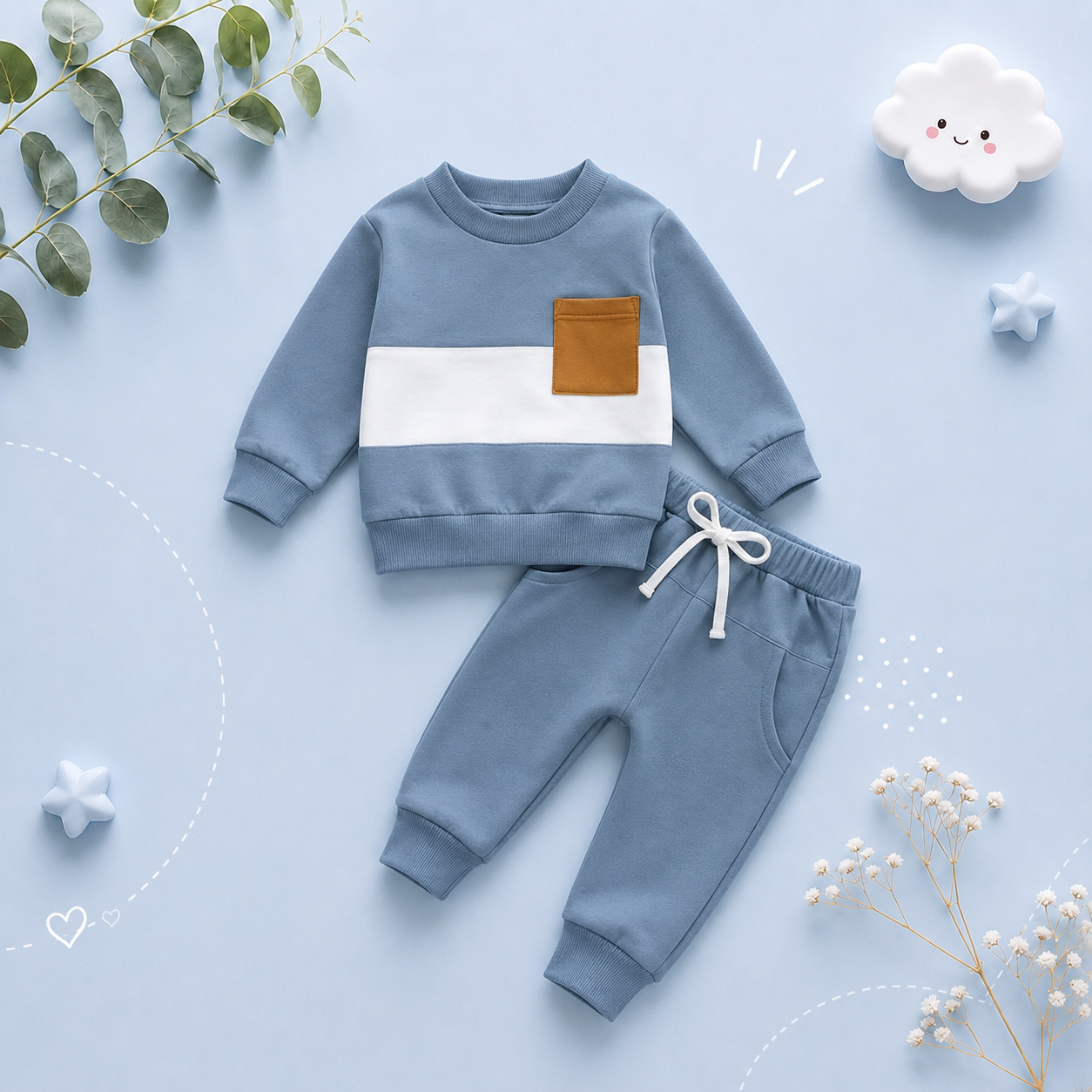 The Felix - 2pcs Baby Boy Long Sleeve Contrast Colour Pullover Tops + Pants