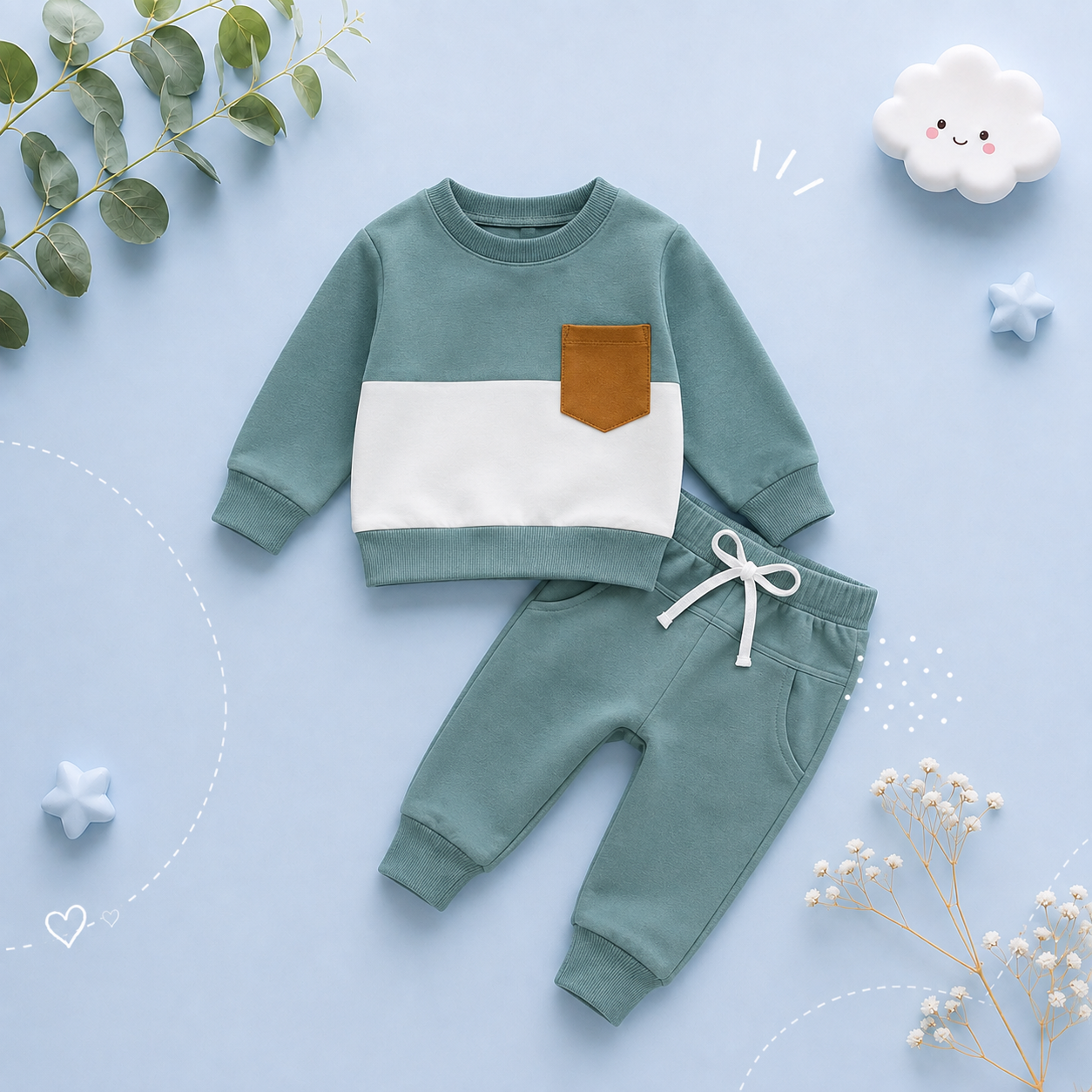 The Felix - 2pcs Baby Boy Long Sleeve Contrast Colour Pullover Tops + Pants