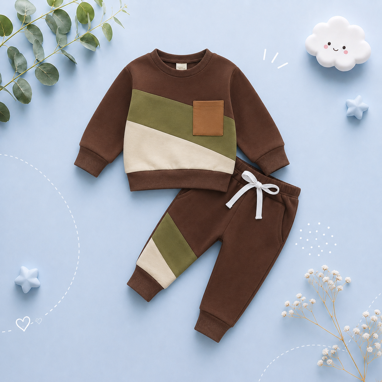 The Felix - 2pcs Baby Boy Long Sleeve Contrast Colour Pullover Tops + Pants