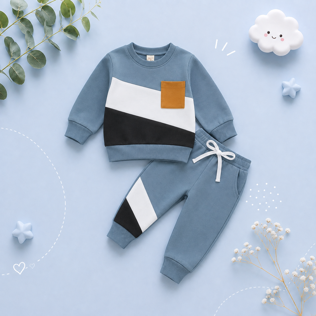 The Felix - 2pcs Baby Boy Long Sleeve Contrast Colour Pullover Tops + Pants