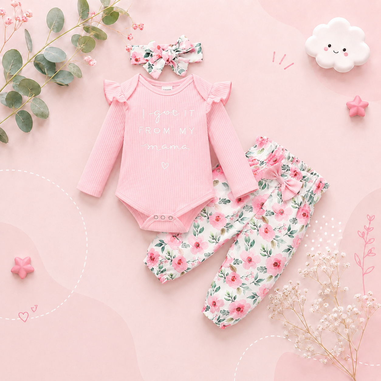 The Kinsley - Baby Girl Pink Print Long Sleeve + Floral Pants + Headband