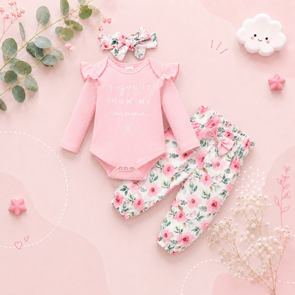 The Kinsley - Baby Girl Pink Print Long Sleeve + Floral Pants + Headband