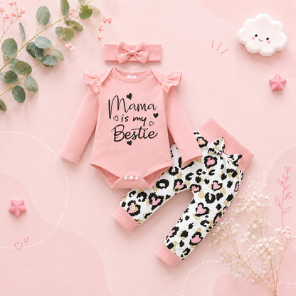 The Ruby - Baby Girl My Mama Print Long Sleeve Romper Tops + Heart Print Pants + Headband