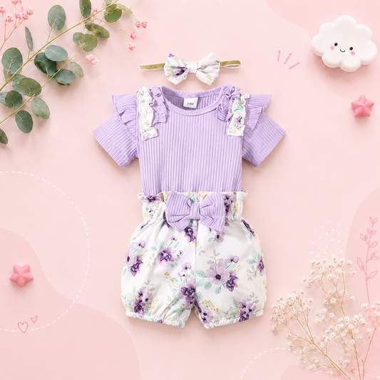 The Sadie - Baby Girl Purple Short Sleeve Romper + Floral Shorts + Headband