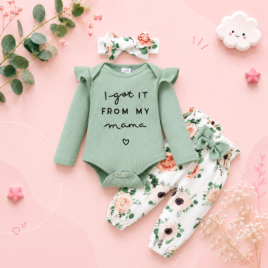 The Sophie - Baby Girl Green Print Romper + Pants + Headband