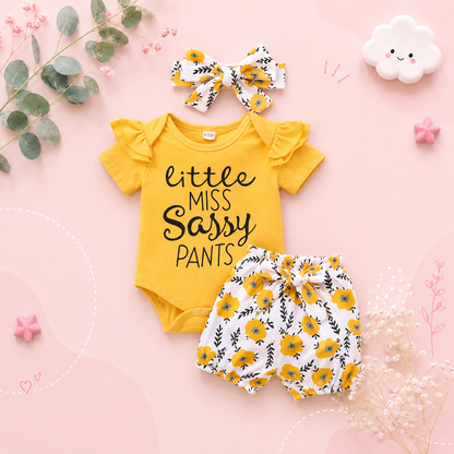 The Malia - Baby Girl Yellow Short Sleeve Crew Neck Tops + Floral Shorts + Headband