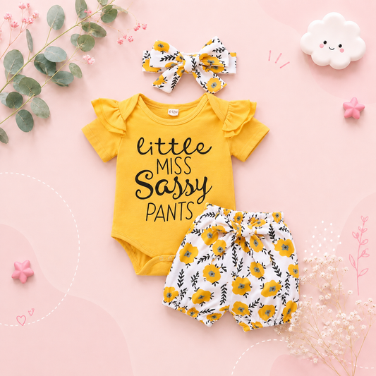The Malia - Baby Girl Yellow Short Sleeve Crew Neck Tops + Floral Shorts + Headband