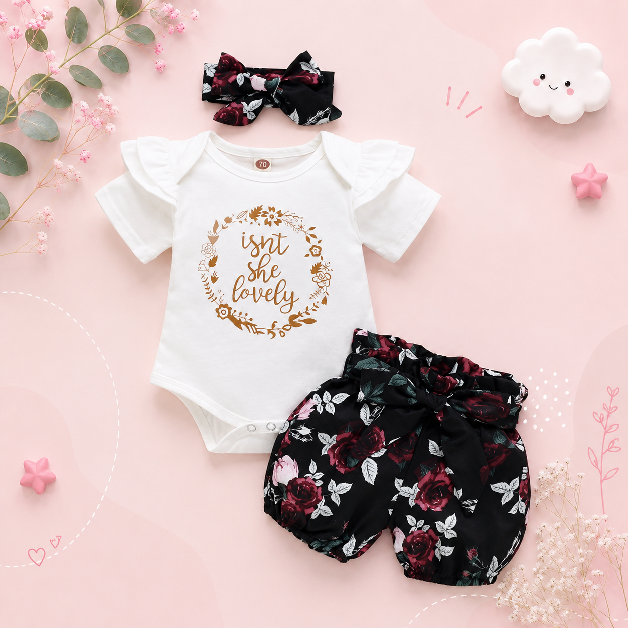The Brooklyn - Baby Girl Isn't She Lovely Print Tops + Floral Black Shorts + Headband