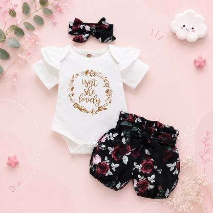 The Brooklyn - Baby Girl Isn't She Lovely Print Tops + Floral Black Shorts + Headband