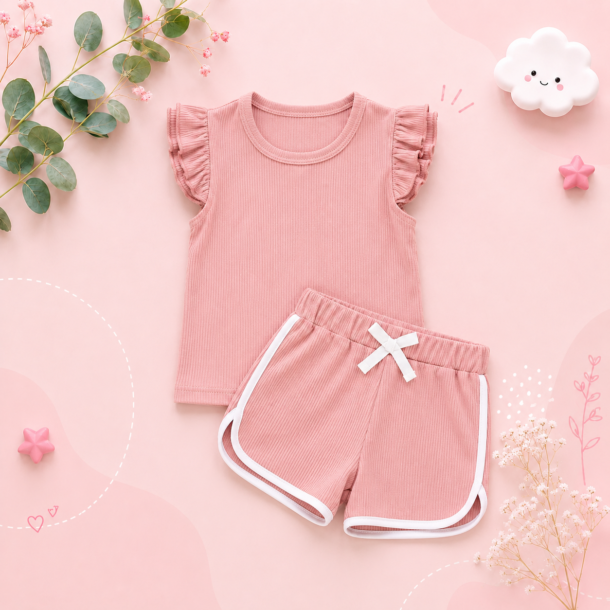 The Esther - Baby Girl Fly Sleeve Ruffle Shirt + Shorts