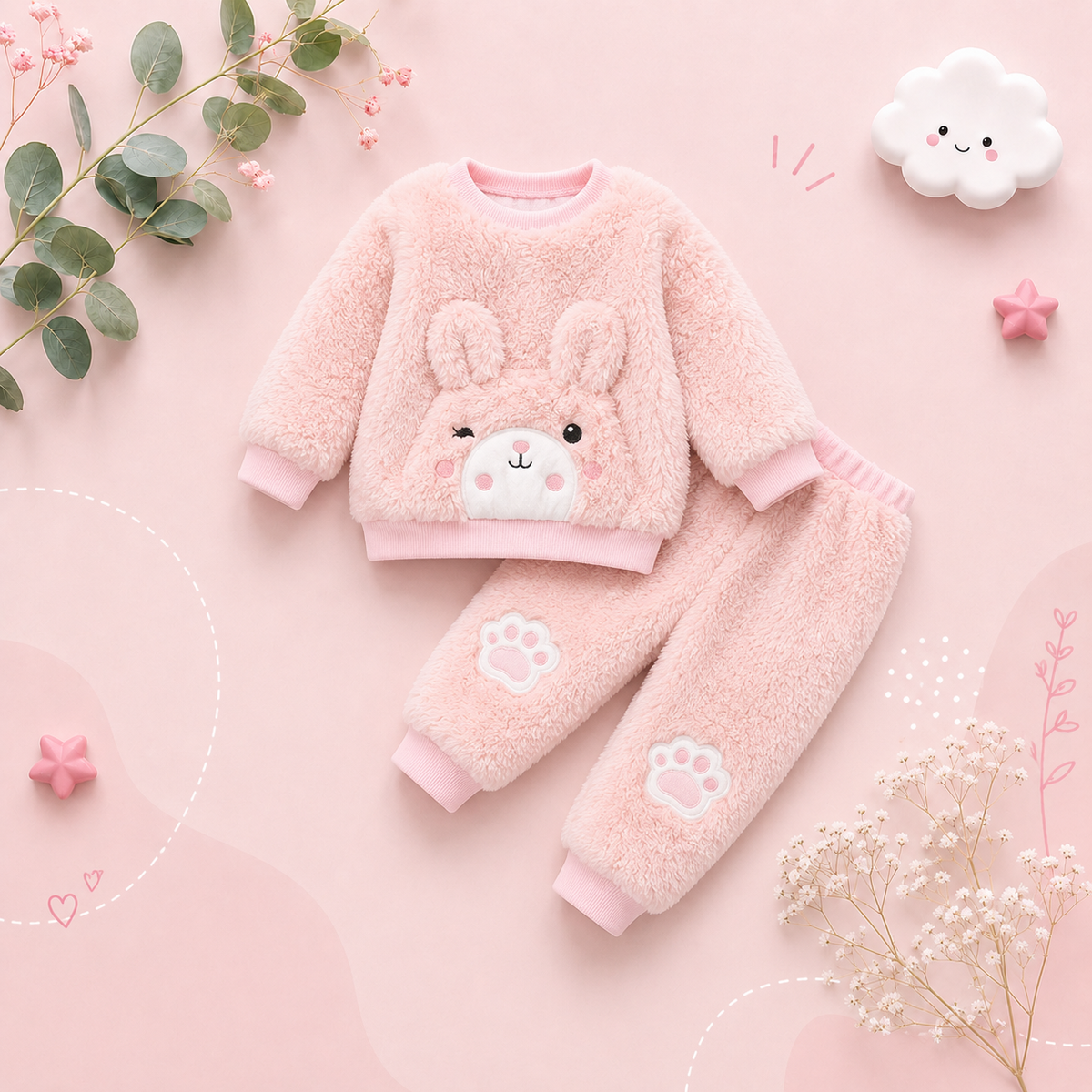 The Gia - Baby Girl Pink Bear O-Neck Long Sleeve Tops + Pants