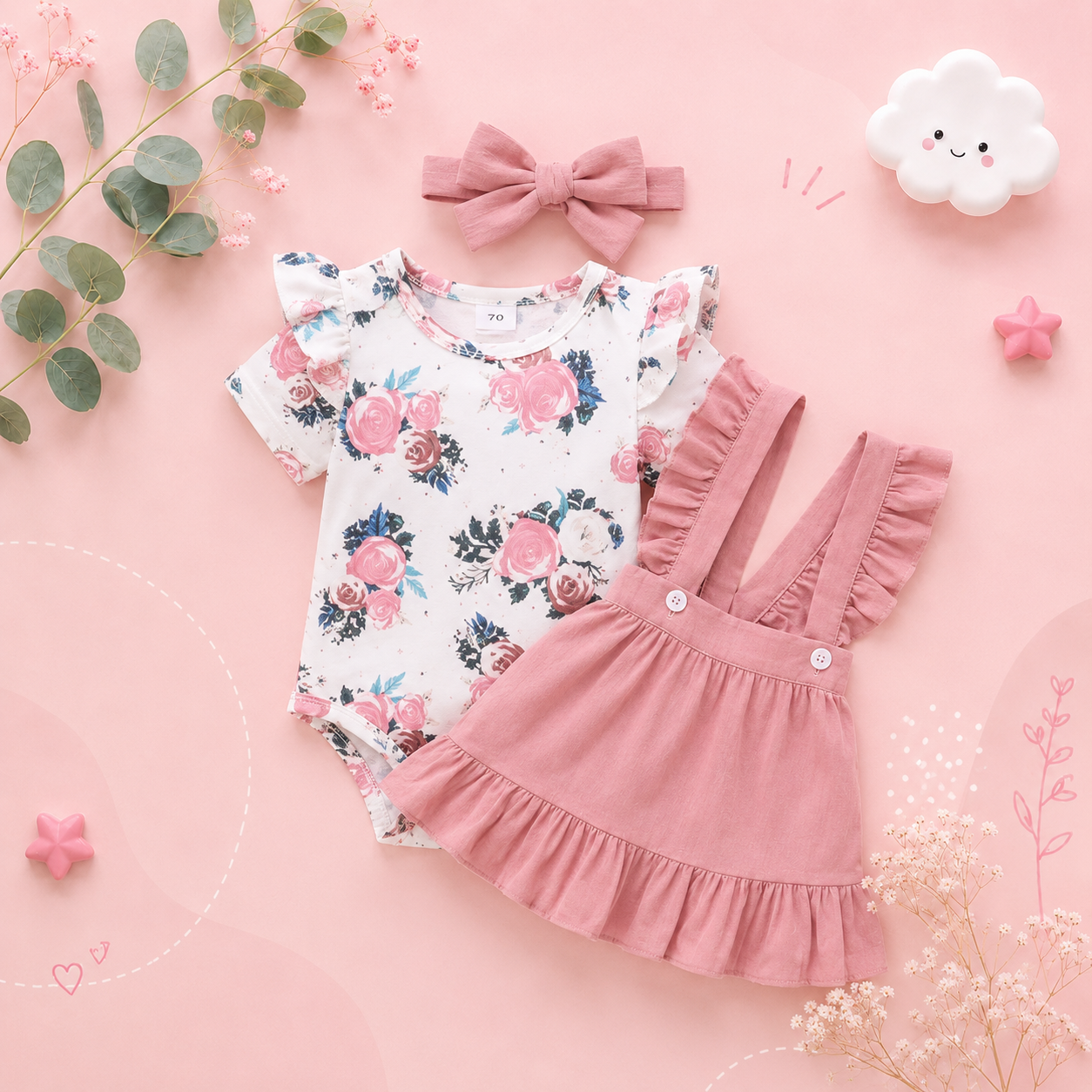 The Channing - Newborn Baby Girl 3PC Floral Romper Suspender Skirt & Headband Outfit