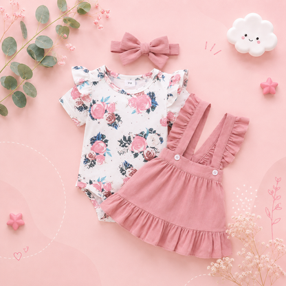 The Channing - Newborn Baby Girl 3PC Floral Romper Suspender Skirt & Headband Outfit