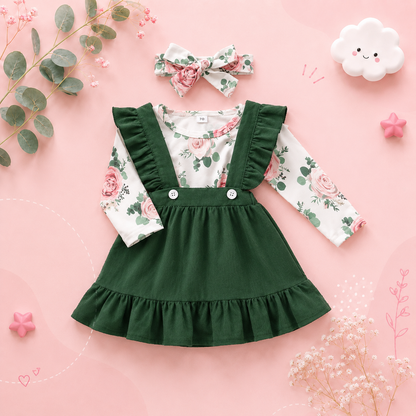 The Devan - Baby Brown/Green Floral Longsleeve Tops + Solid Colour Skirt + Headband