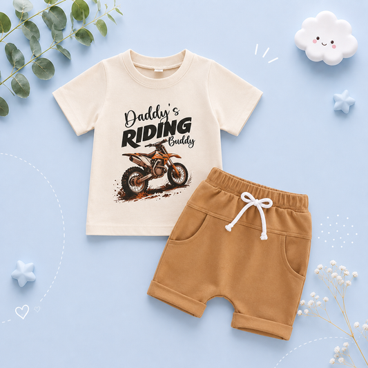 The Dominick - Toddler Baby Boy Summer Outfit – Motorcycle Letter Print Short Sleeve Tee + Elastic Shorts