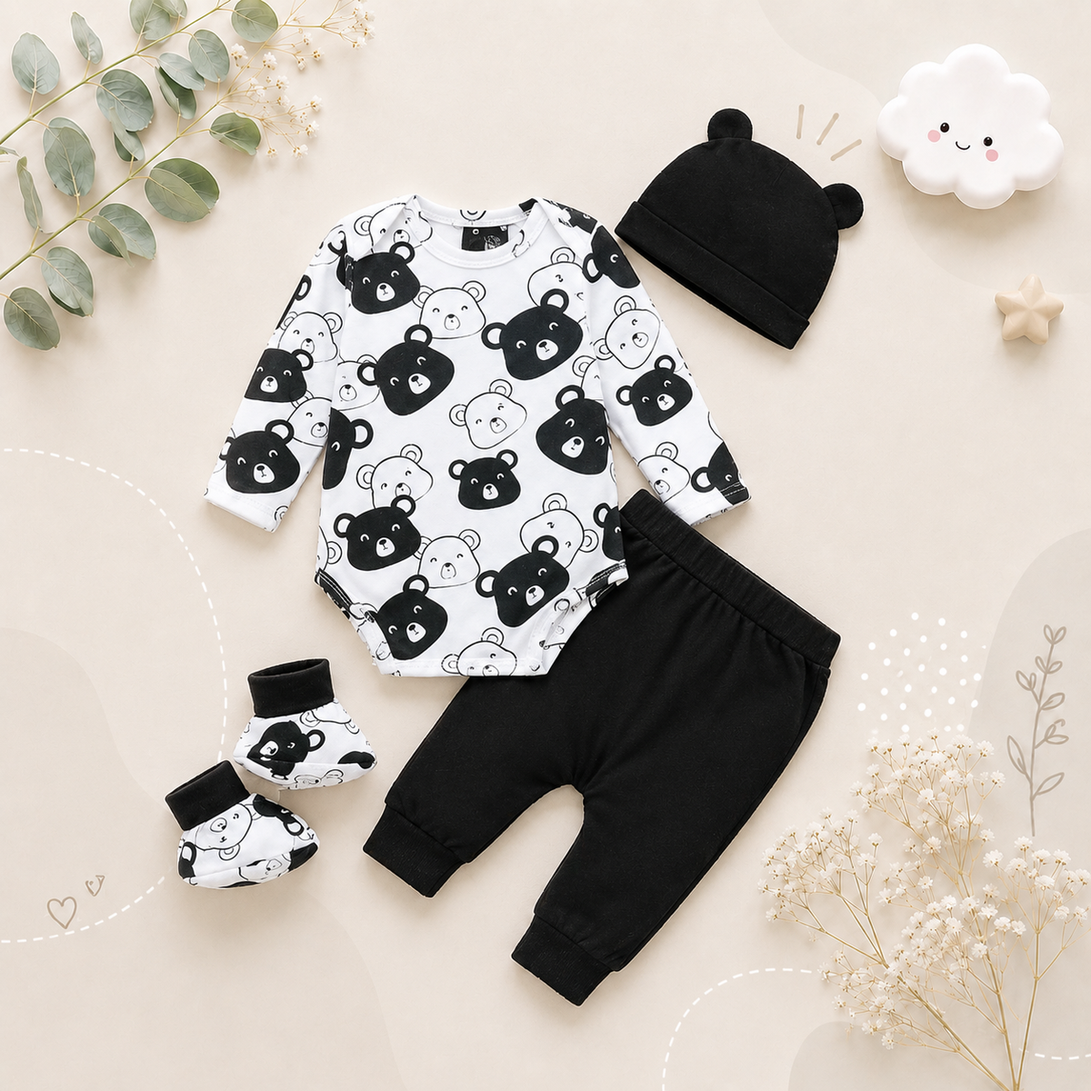 The Fabian - Baby Unisex Black Little Bear Long Sleeve Bodysuit + Pants + Hat + Socks 4pcs Outfit Set