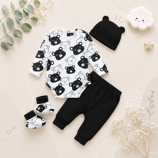 The Fabian - Baby Unisex Black Little Bear Long Sleeve Bodysuit + Pants + Hat + Socks 4pcs Outfit Set