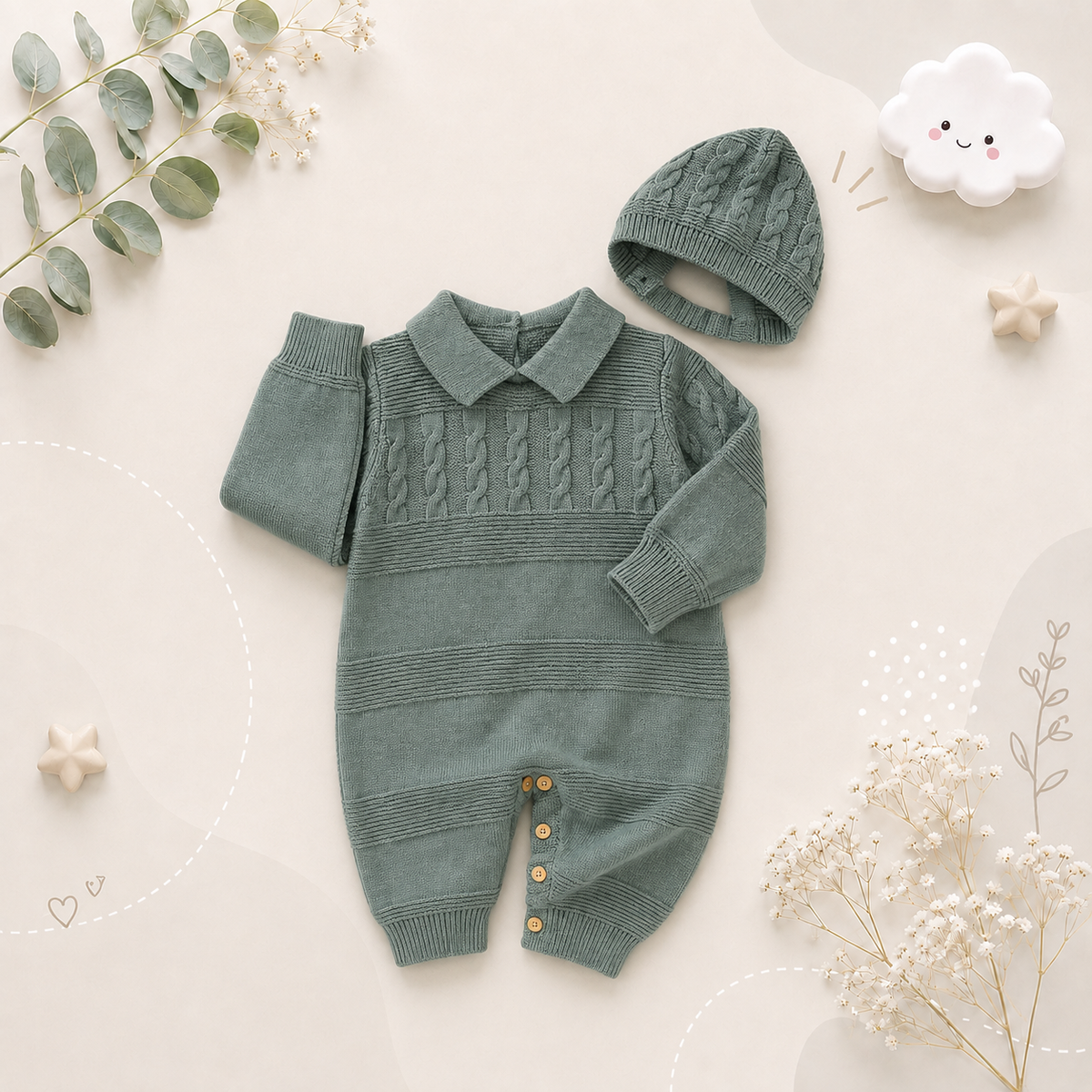 The Justin - Baby Unisex Turtle Neck Long Sleeve Romper + Hats