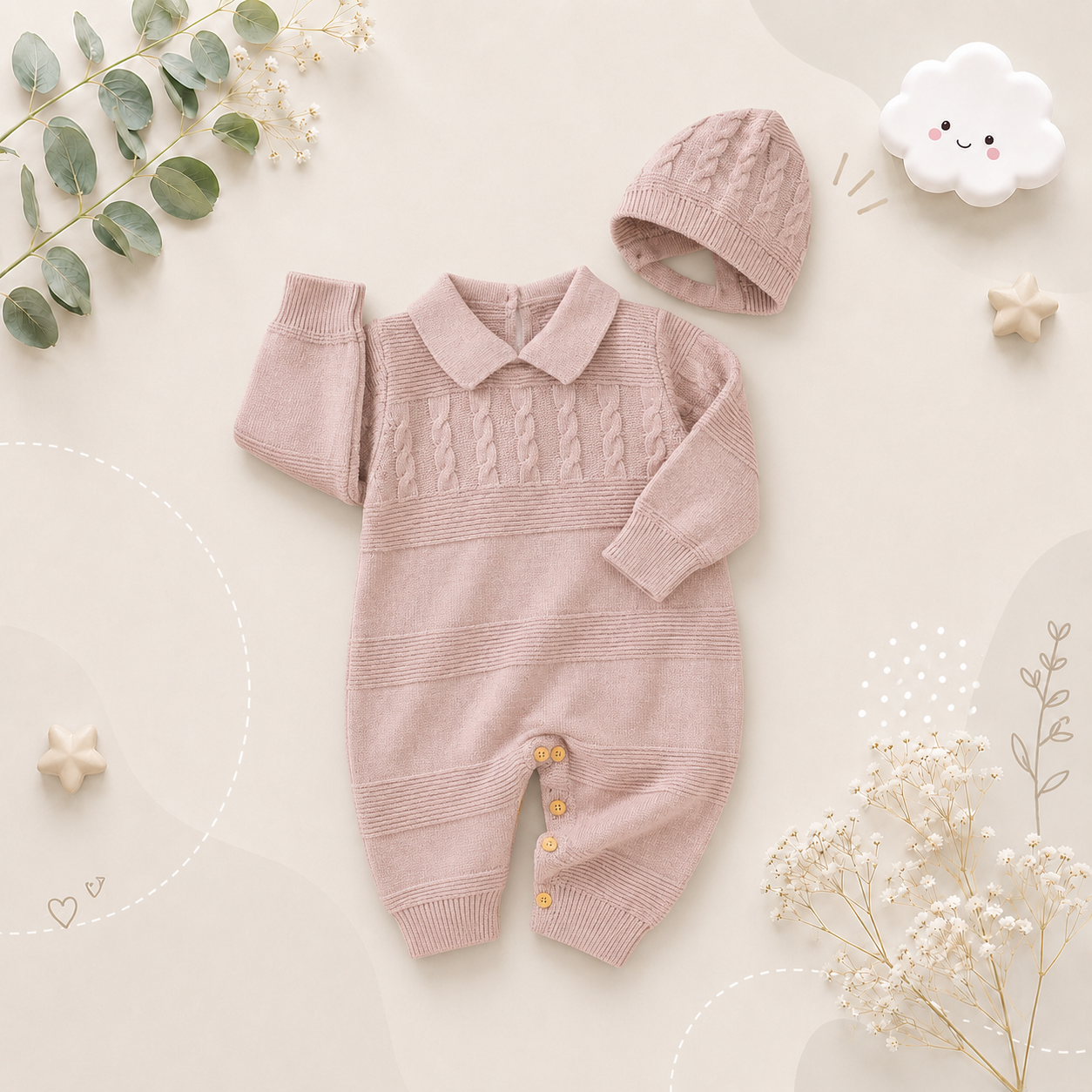 The Justin - Baby Unisex Turtle Neck Long Sleeve Romper + Hats