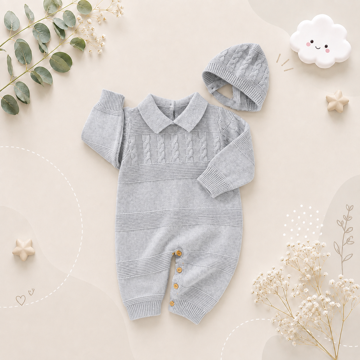 The Justin - Baby Unisex Turtle Neck Long Sleeve Romper + Hats