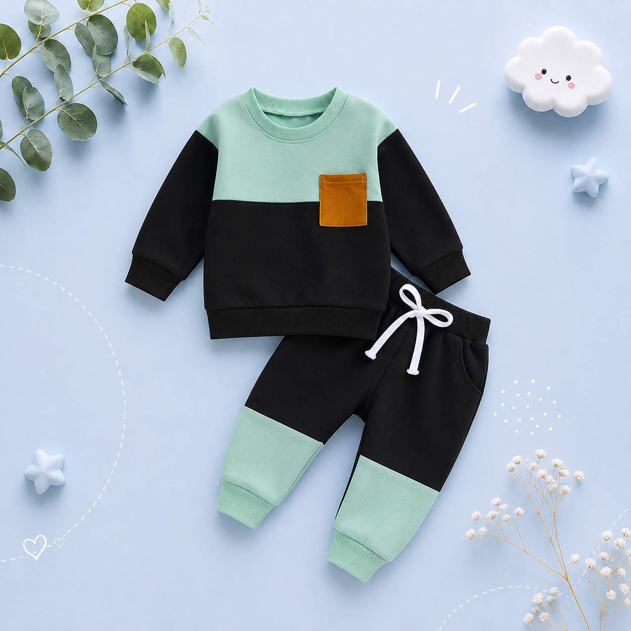 The Gael - Baby Toddler Boy Contrast Color Sweatshirt + Pants 2Pcs Spring Autumn Outfit