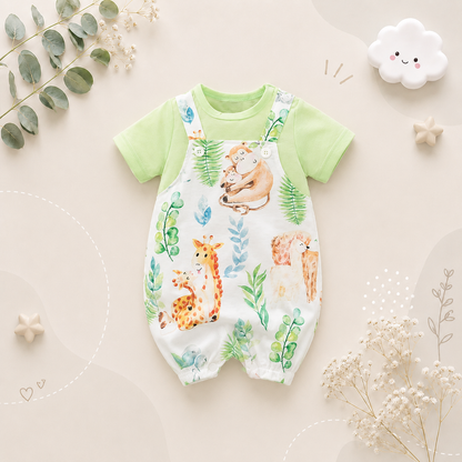 The Vera - Baby Unisex Green Animal Print Short Sleeve Romper