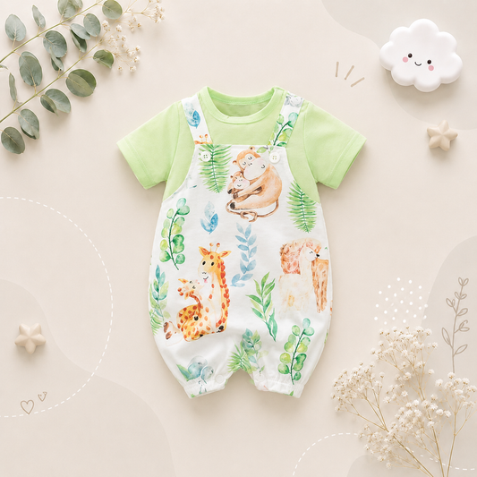 The Vera - Baby Unisex Green Animal Print Short Sleeve Romper