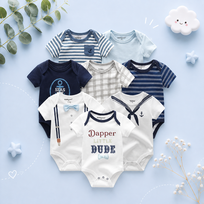 The Izael - Baby Unisex 8pcs Short Sleeve Various Print Romper Set