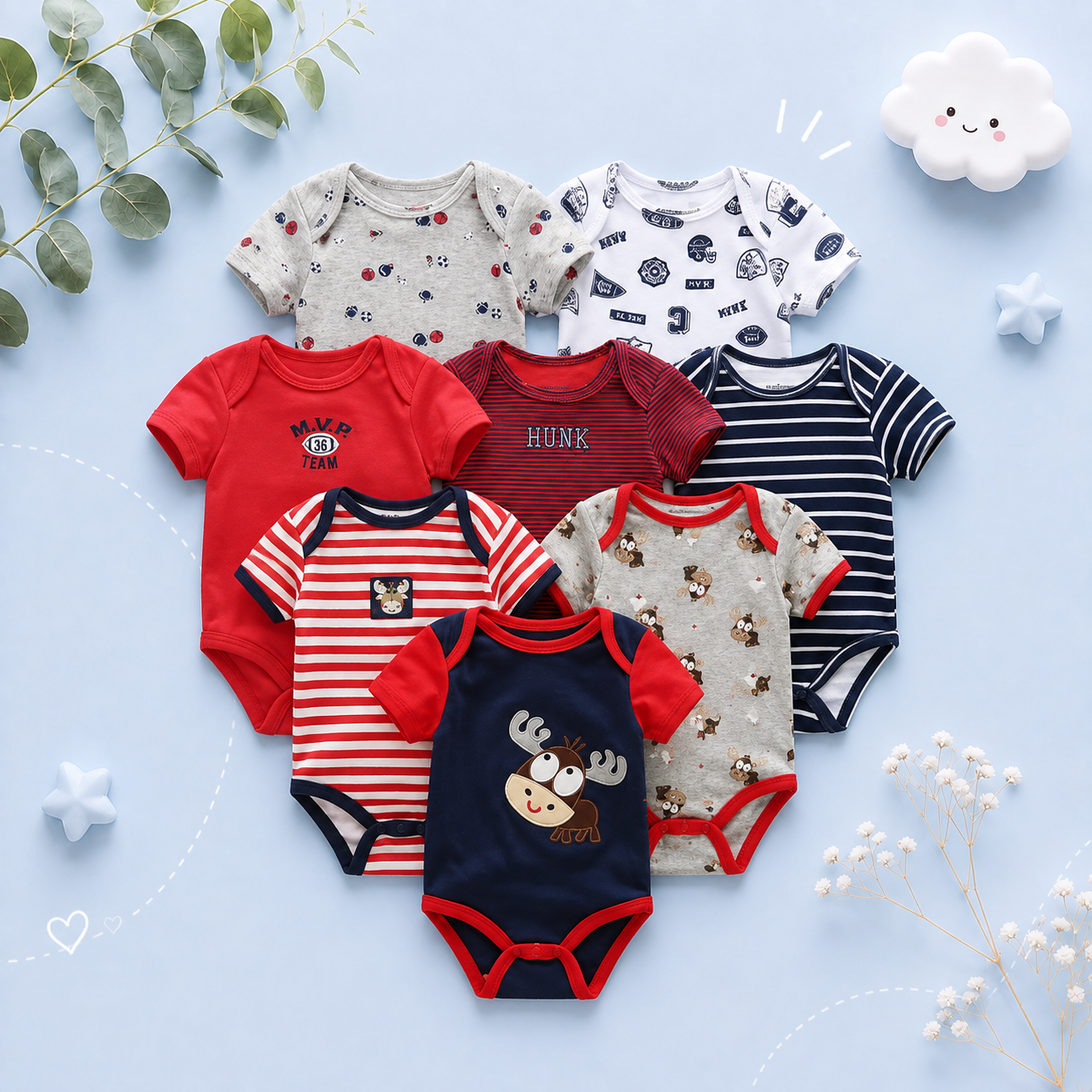 The Izael - Baby Unisex 8pcs Short Sleeve Various Print Romper Set