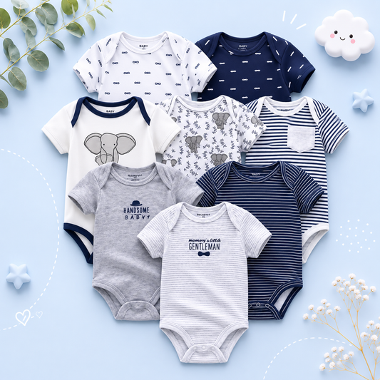 The Izael - Baby Unisex 8pcs Short Sleeve Various Print Romper Set