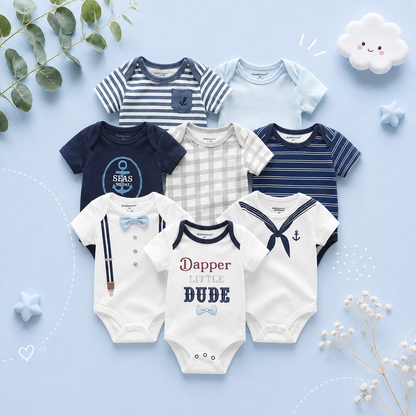 The Izael - Baby Unisex 8pcs Short Sleeve Various Print Romper Set