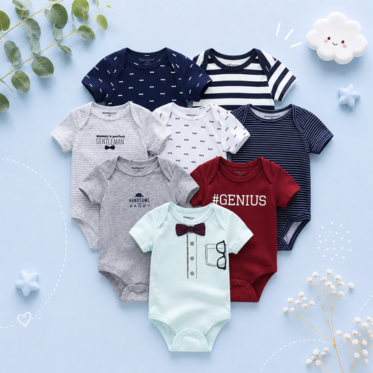 The Izael - Baby Unisex 8pcs Short Sleeve Various Print Romper Set