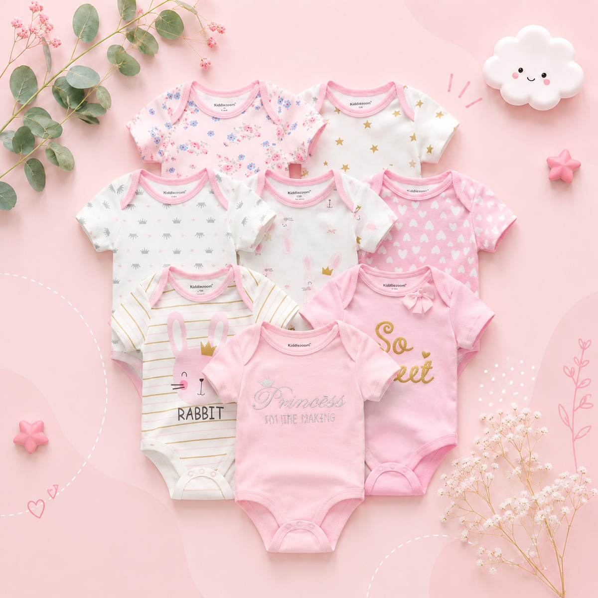 The Izael - Baby Unisex 8pcs Short Sleeve Various Print Romper Set