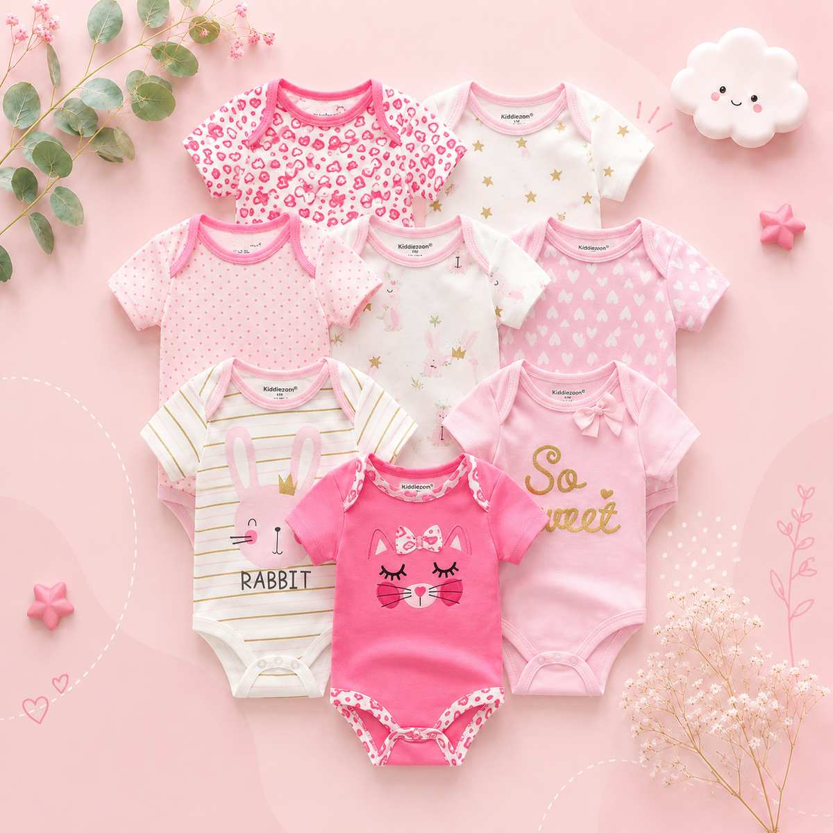 The Izael - Baby Unisex 8pcs Short Sleeve Various Print Romper Set