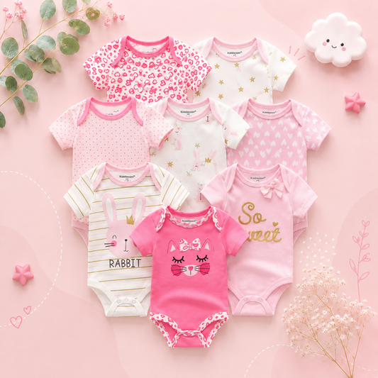 The Izael - Baby Unisex 8pcs Short Sleeve Various Print Romper Set