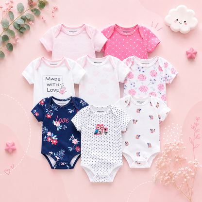 The Izael - Baby Unisex 8pcs Short Sleeve Various Print Romper Set
