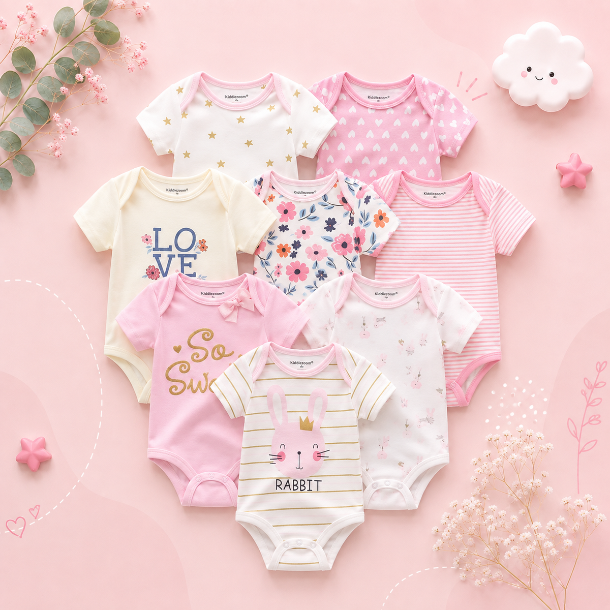 The Izael - Baby Unisex 8pcs Short Sleeve Various Print Romper Set