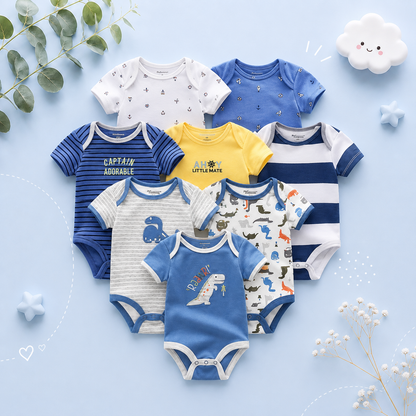 The Izael - Baby Unisex 8pcs Short Sleeve Various Print Romper Set