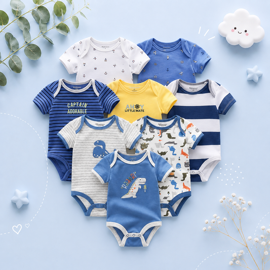 The Izael - Baby Unisex 8pcs Short Sleeve Various Print Romper Set