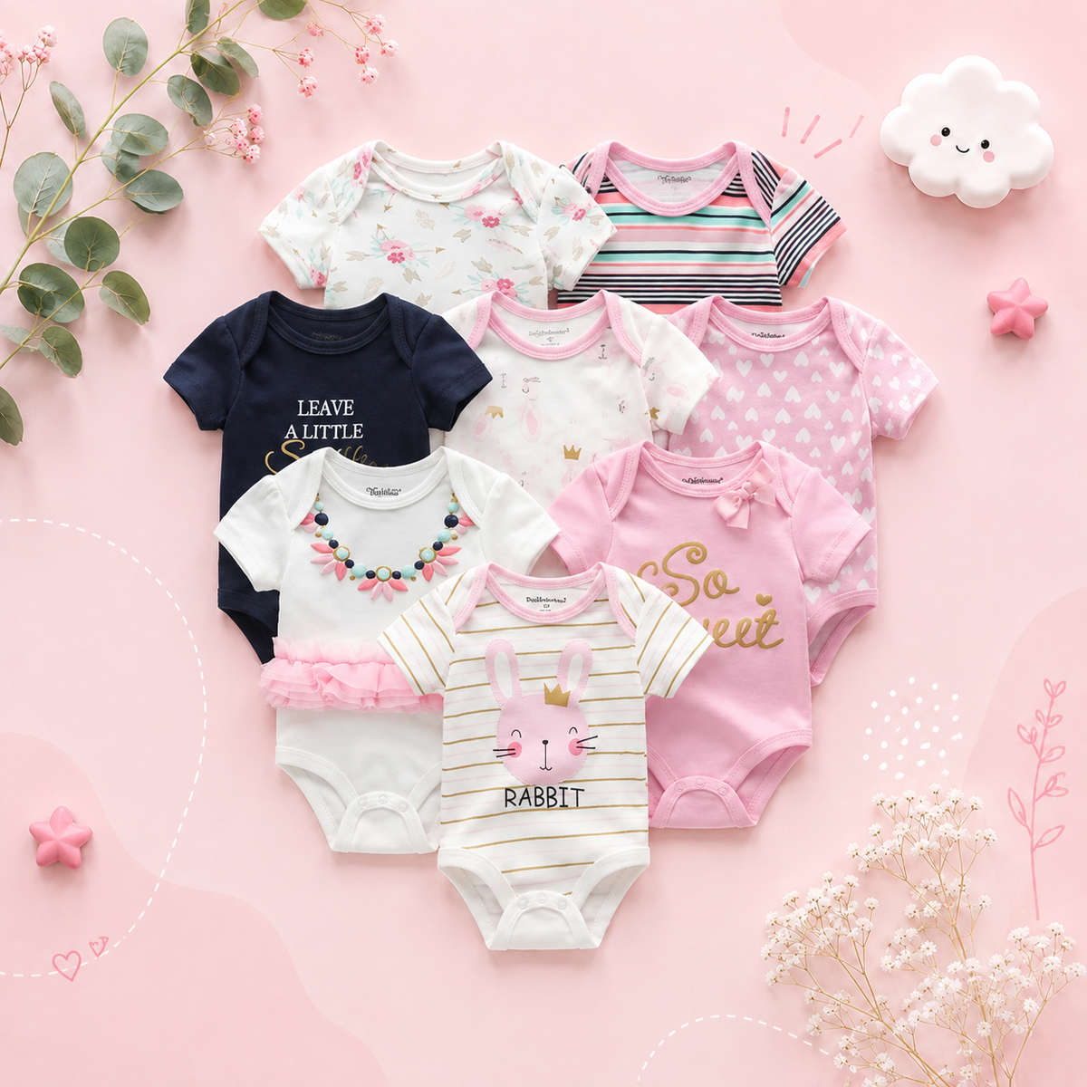 The Izael - Baby Unisex 8pcs Short Sleeve Various Print Romper Set