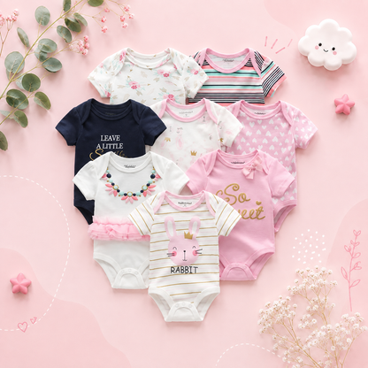 The Izael - Baby Unisex 8pcs Short Sleeve Various Print Romper Set